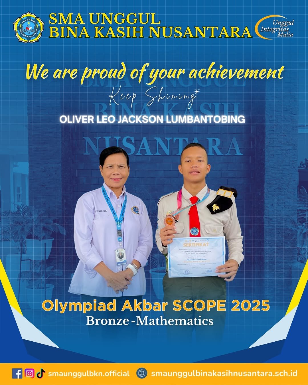 Siswa SMA Unggul Bina Kasih Nusantara Raih Bronze Medal Mathematics di Olympiad Akbar Scope 2025