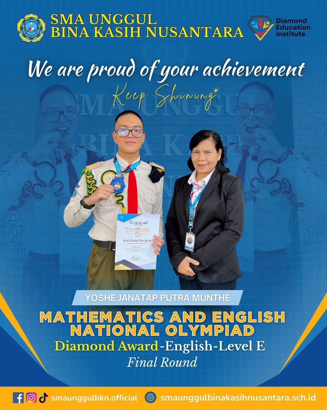 Diamond Award Tingkat Nasional Diraih Yoshe Janatap Putra Munthe Siswa SMAU BKN