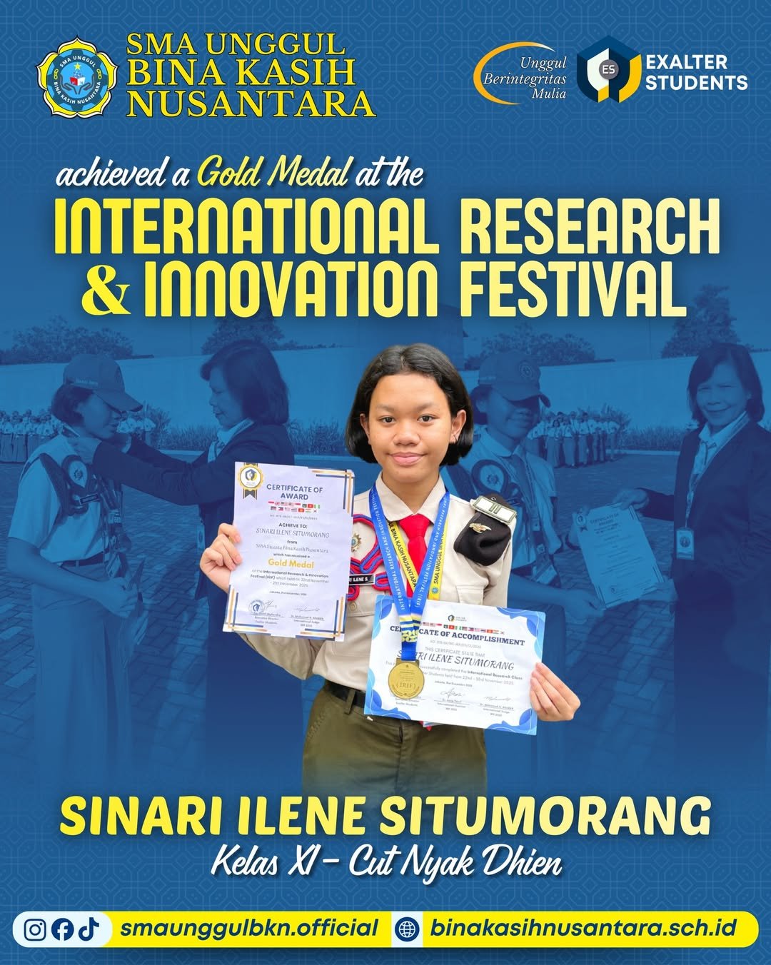 Siswi SMAU BKN Meraih Gold Medal pada ajang International Research & Innovation Festival