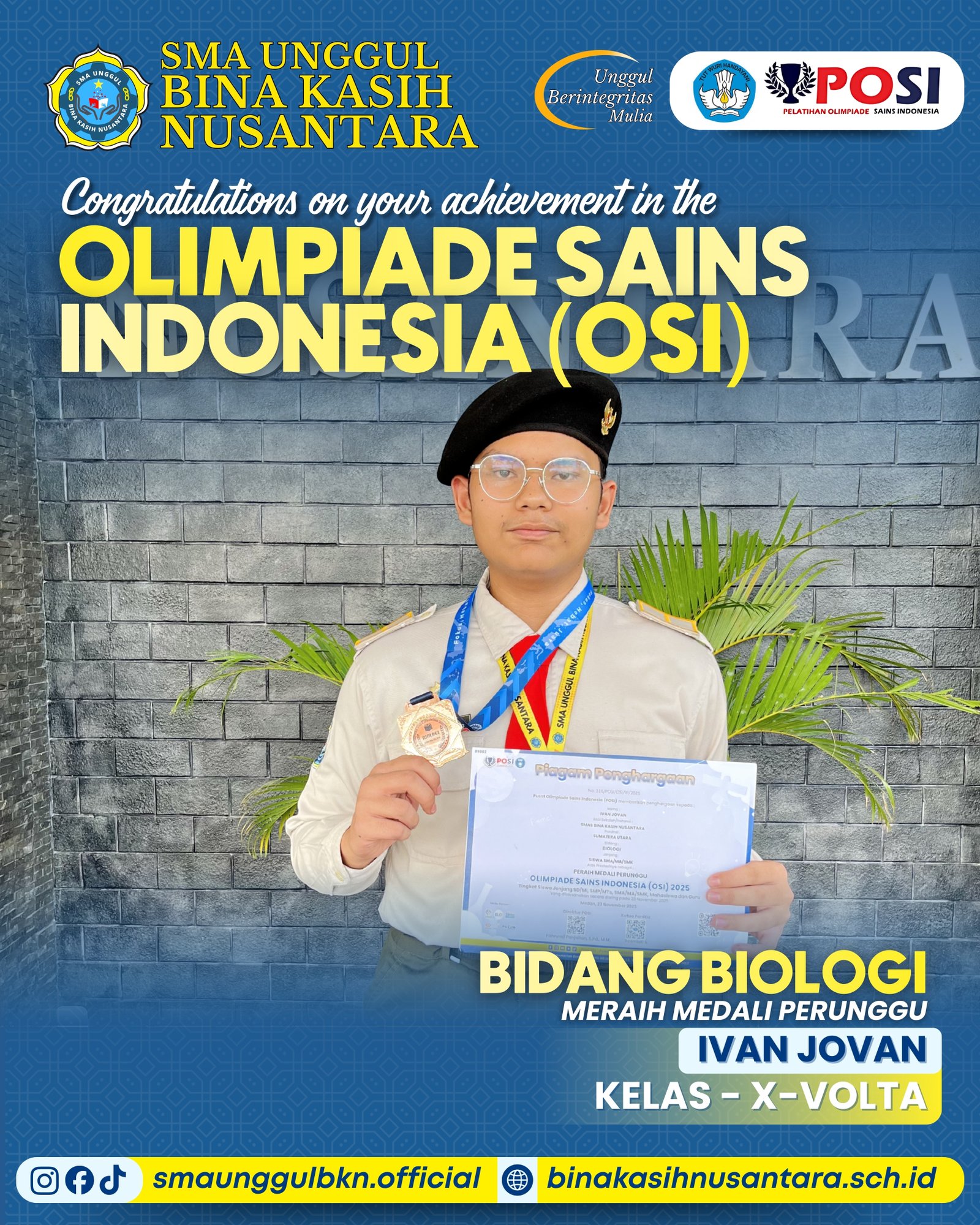 Raih Perunggu Bidang Biologi di Ajang Olimpiade Sains Indonesia (OSI) 2025