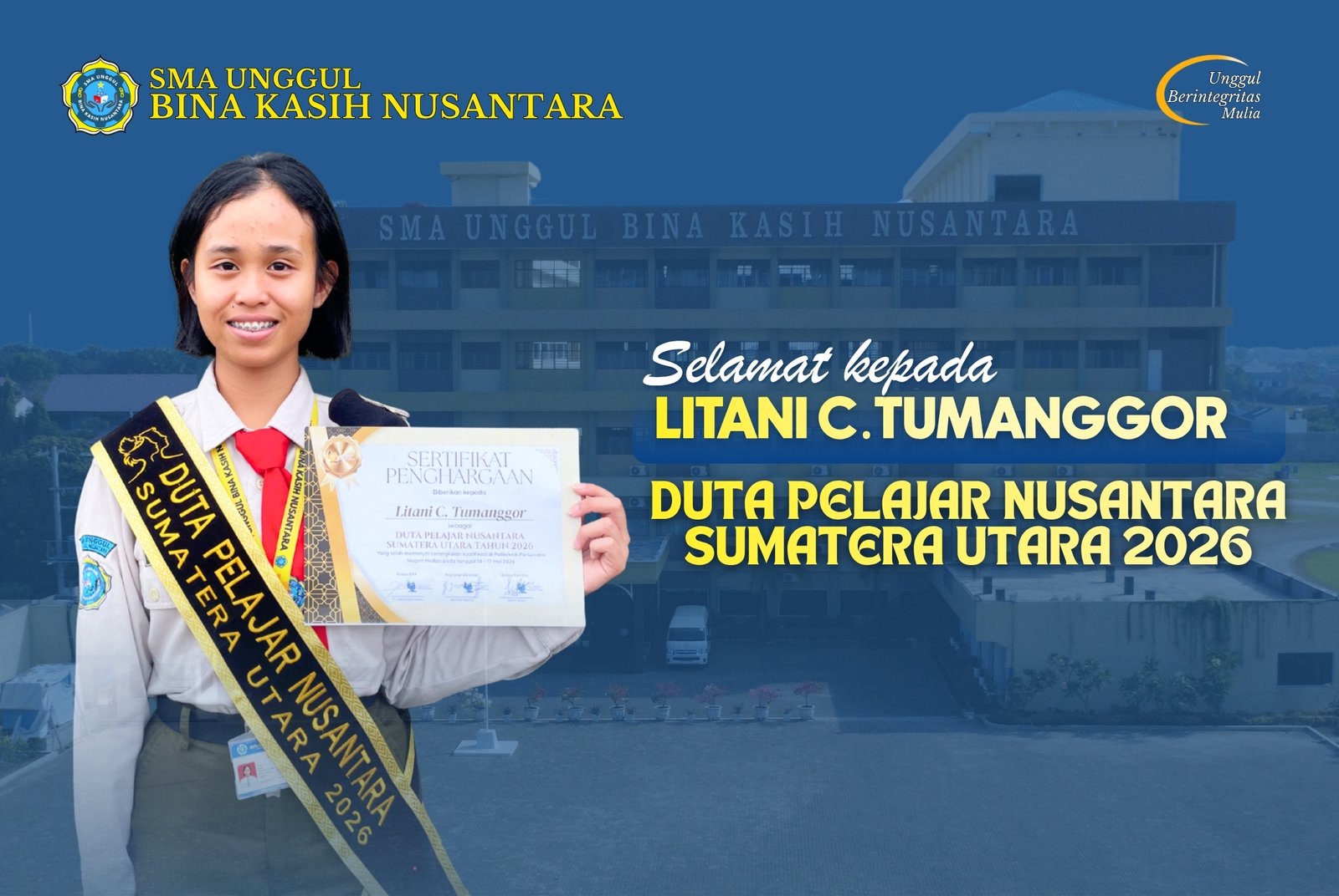 Selamat dan sukses kepada Litani C. Tumanggor  sebagai Duta Pelajar Nusantara Sumatera Utara 2026