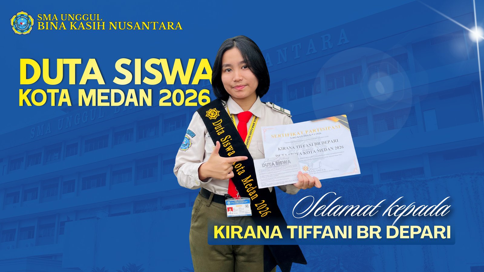 Selamat kepada Kirana Tiffani Br Depari yang telah dinyatakan sebagai Duta Siswa Kota Medan 2026
