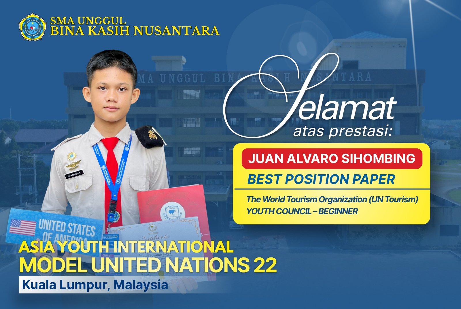 Selamat atas prestasi yang diraih oleh Juan Alvaro Sihombing yang berhasil memperoleh Best Position Paper pada The World Tourism Organization (UN Tourism) Youth Council – Beginner dalam ajang Asia Youth International Model United Nations 22 nd